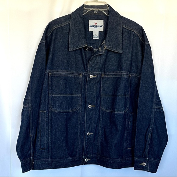 VTG 90s Y2K MENS ANCHOR BLUE DARK WASH OVERSIZED BOXY DENIM JACKET COAT SzL - Picture 3 of 10